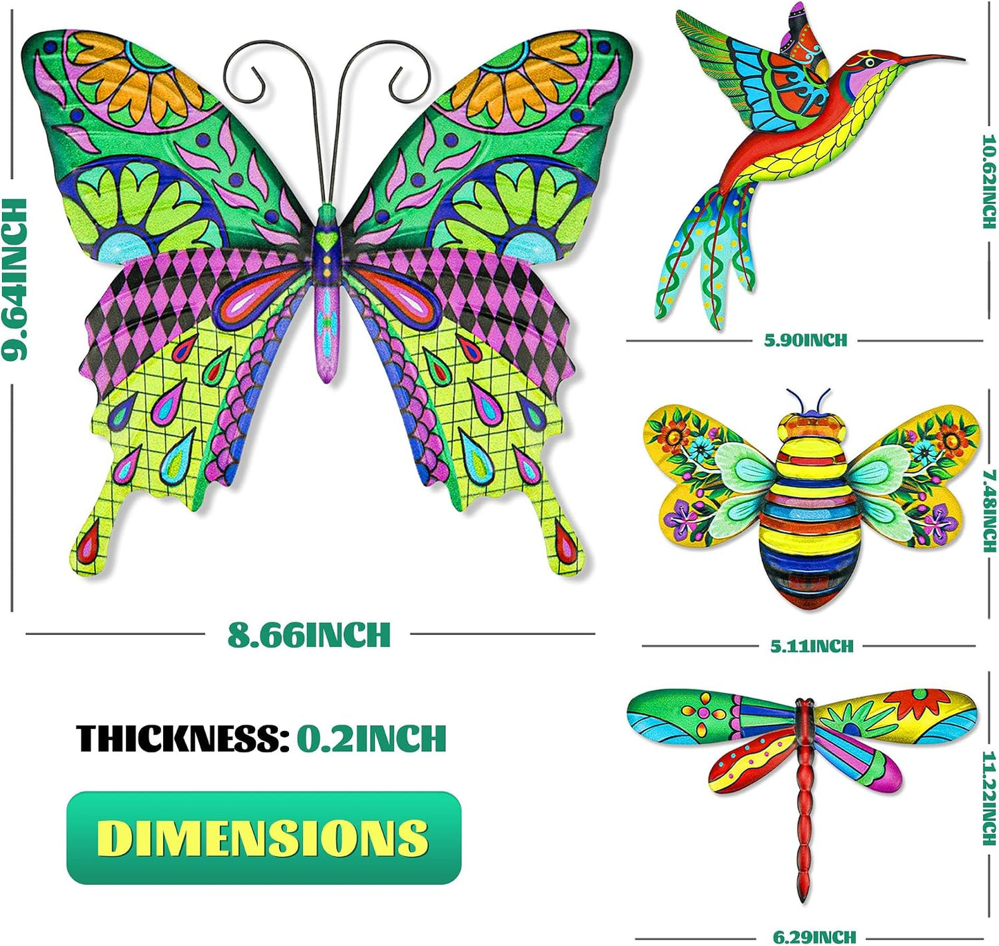 4 Pzas Decoración Pared Metal Exteriores 3D Colibrí Abeja