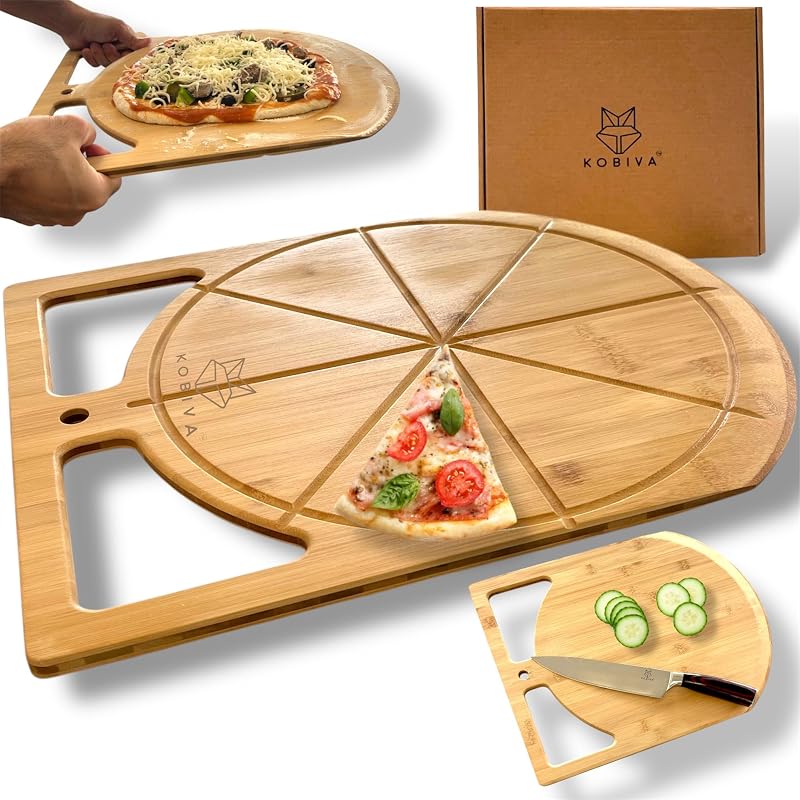 Pala pizza madera 2en1 y tabla cortar bambú doble agarre