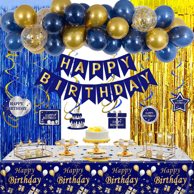 Decoraciones cumpleaños azul dorado pancarta globos cortinas flecos