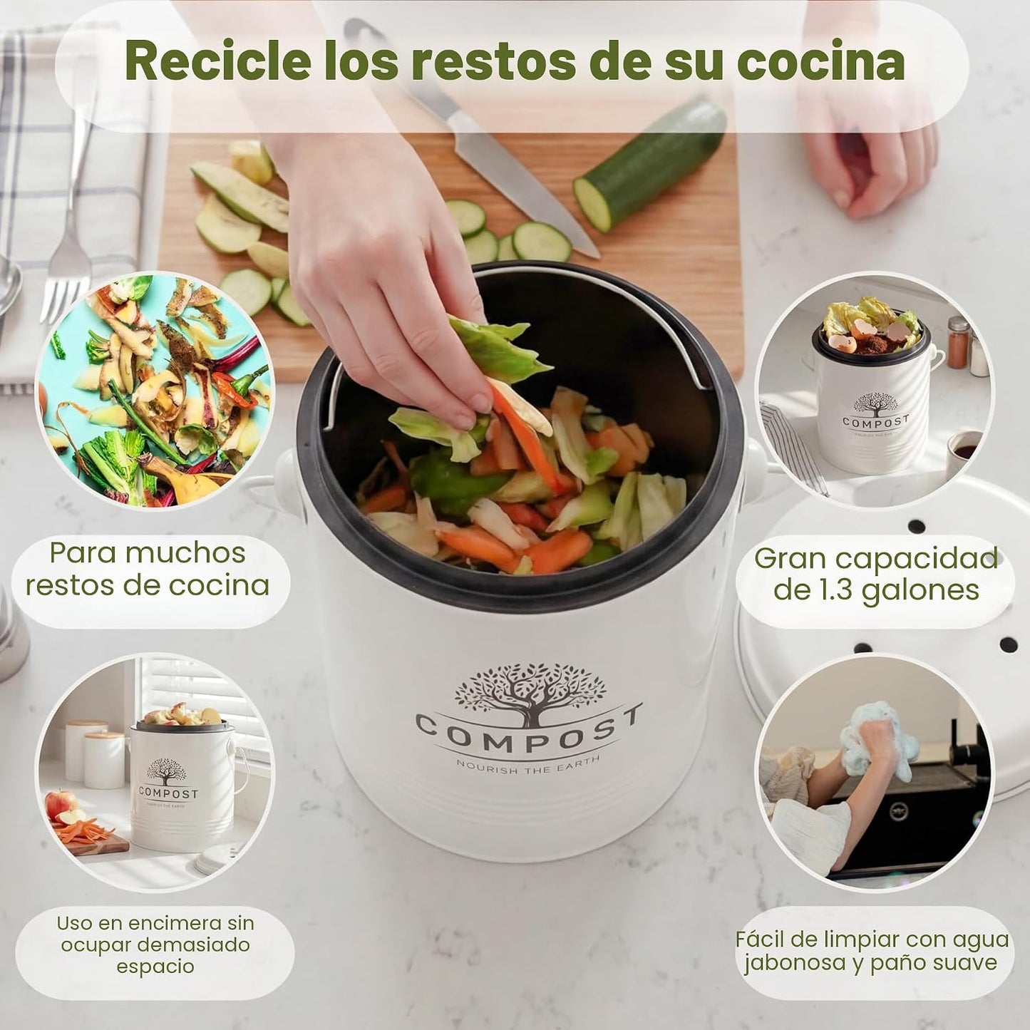 Contenedor compost 1.3gal con tapa filtro carbono crema