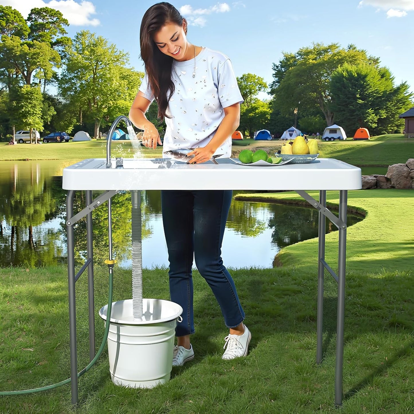 Mesa limpieza pescado 42.5pulg fregadero camping plegable