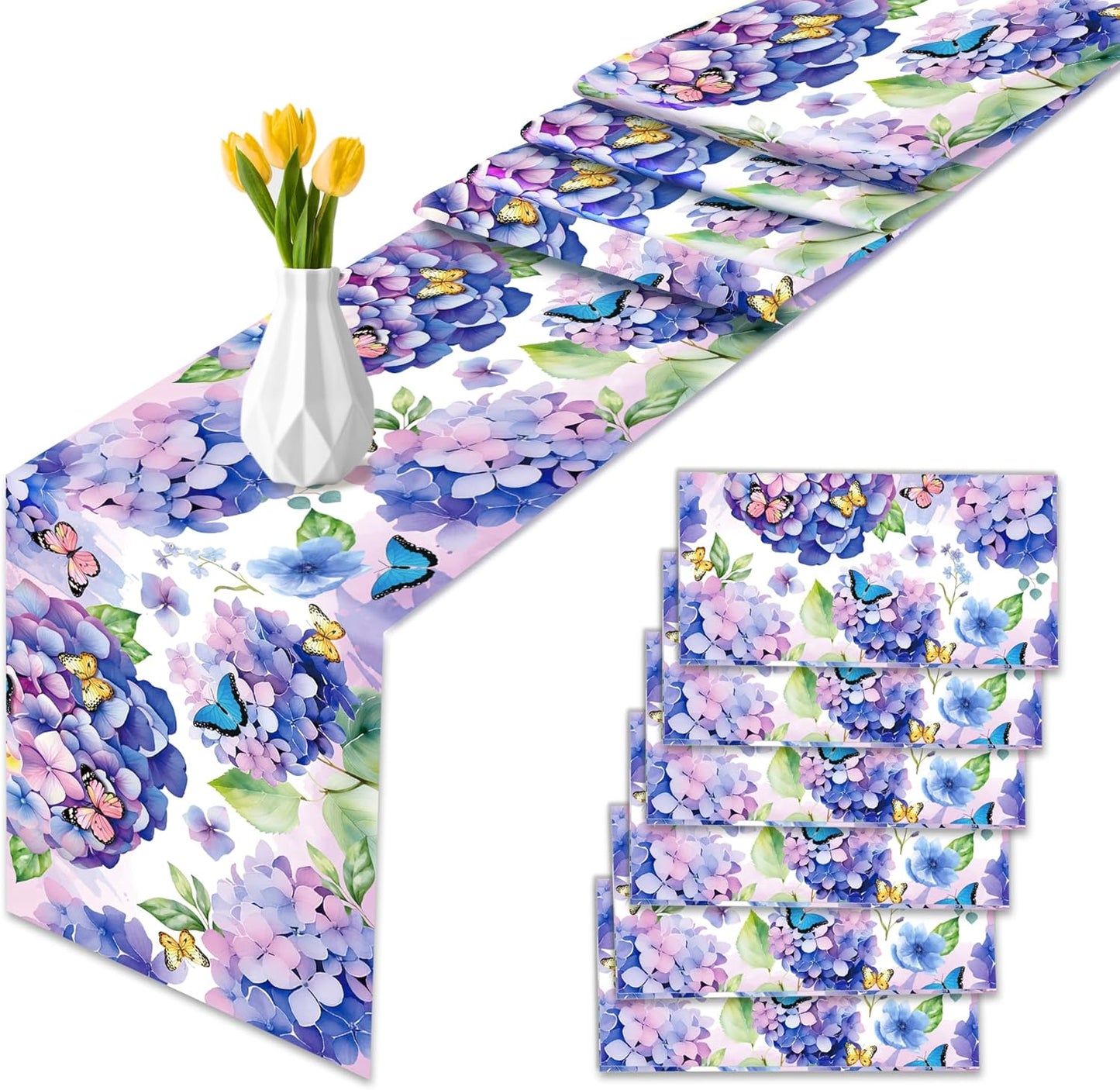 Caminos de mesa de plástico con hortensias moradas 14 x 108 pulgadas