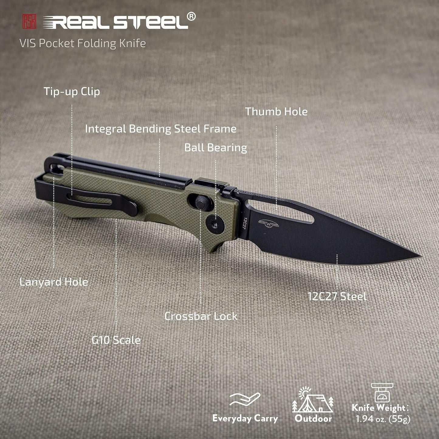 Cuchillo plegable acero PVD negro 2.72pulg mango G10