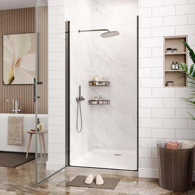 Puerta ducha pivotante 34x72pulg vidrio templado marco negro mate