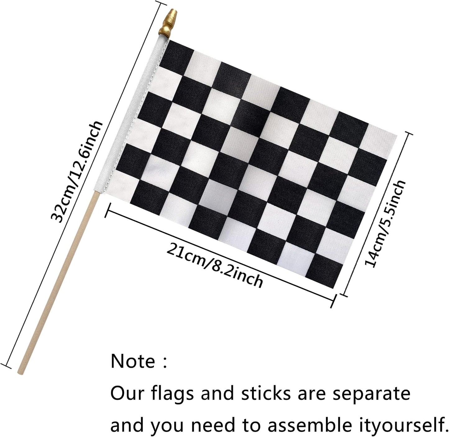 Banderas mano cuadros blanco y negro 5x8pulg pack 12