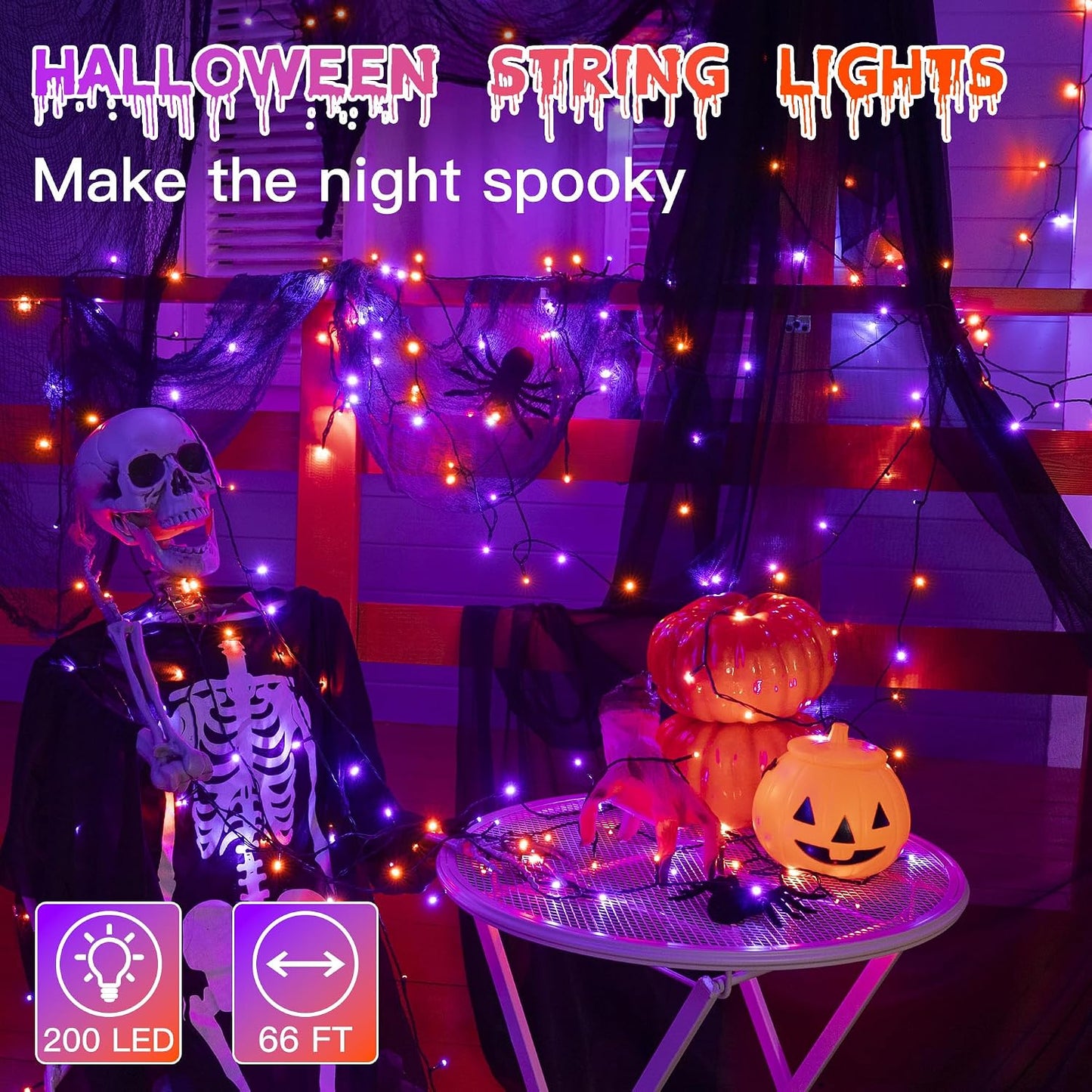 Tira luces LED Halloween 66ft naranjas moradas 8 modos