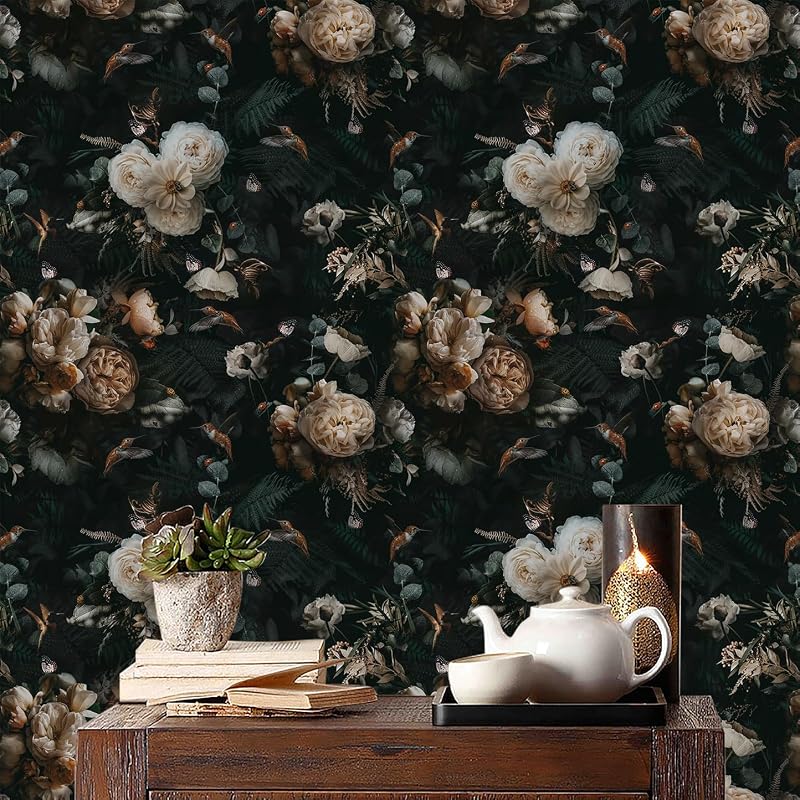 Papel tapiz adhesivo remov. floral oscuro 17.5x393"