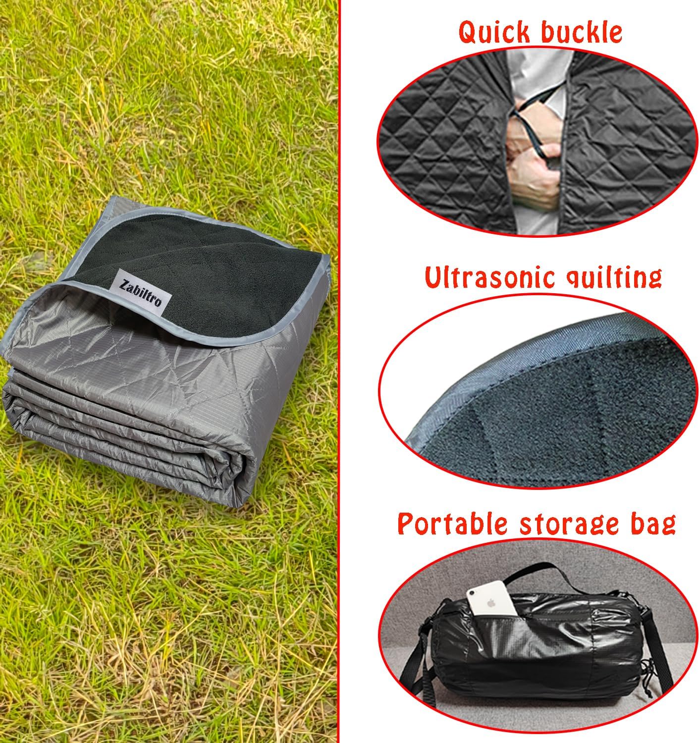 Manta impermeable acolchada forro polar 55" con bolsa