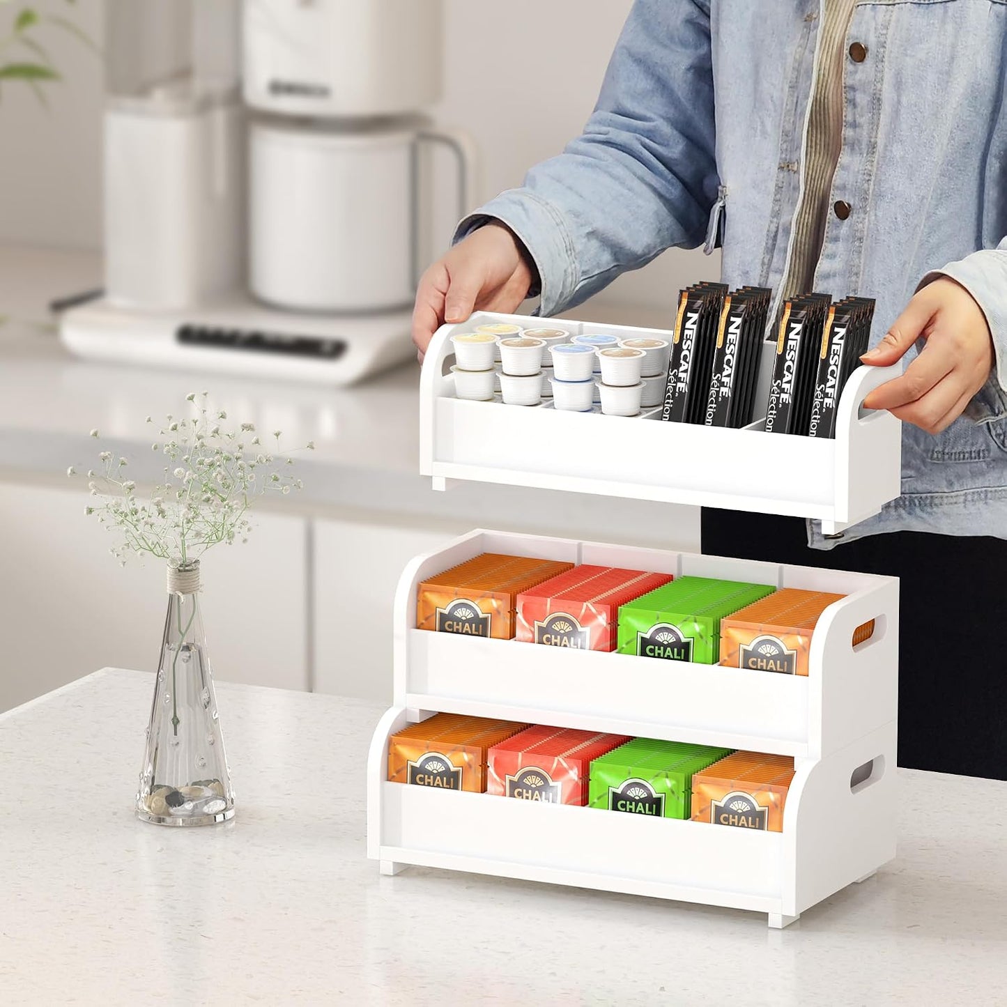 Organizador bolsitas té bambú 3 niveles pared cocina