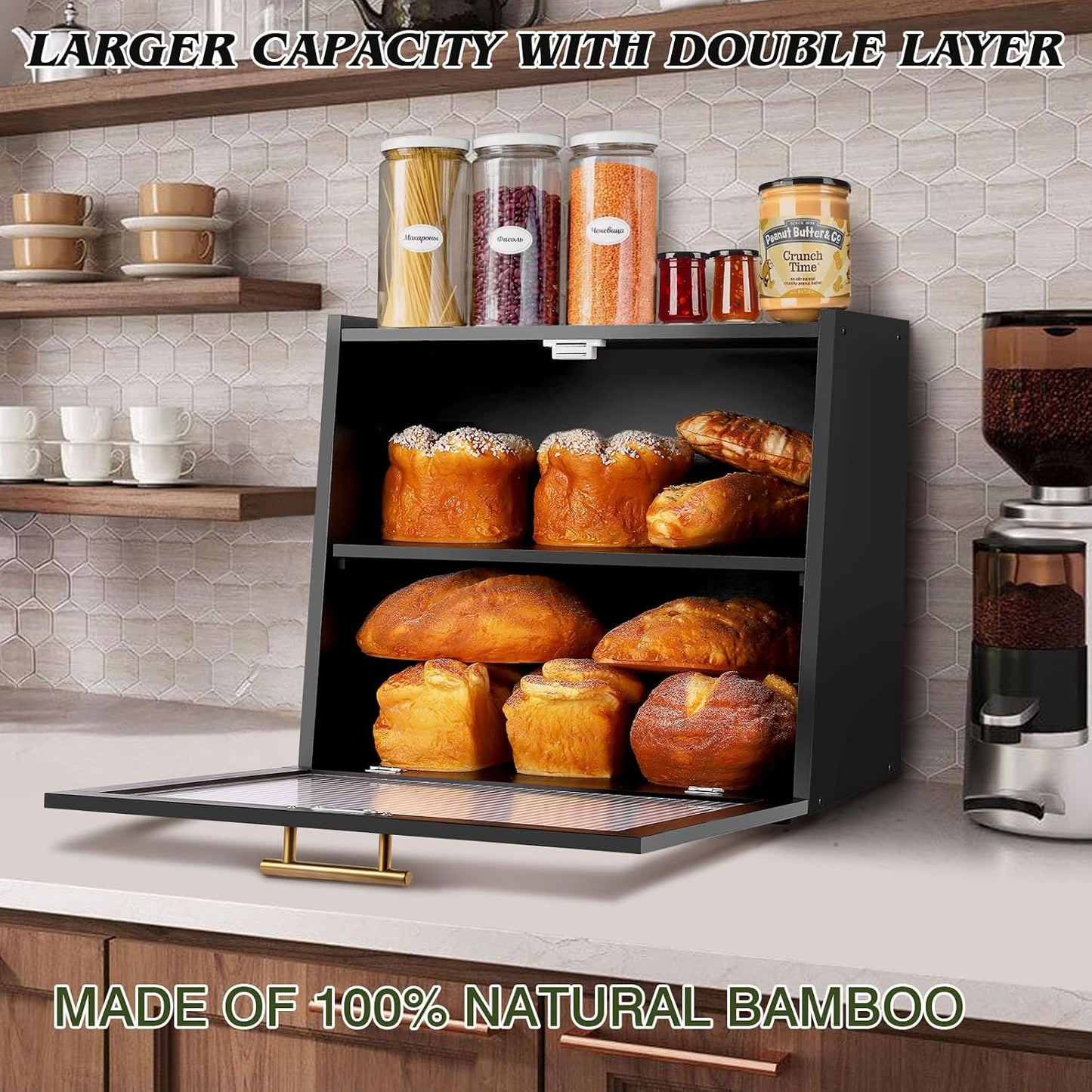 Caja pan doble capa bambú cocina con ventana