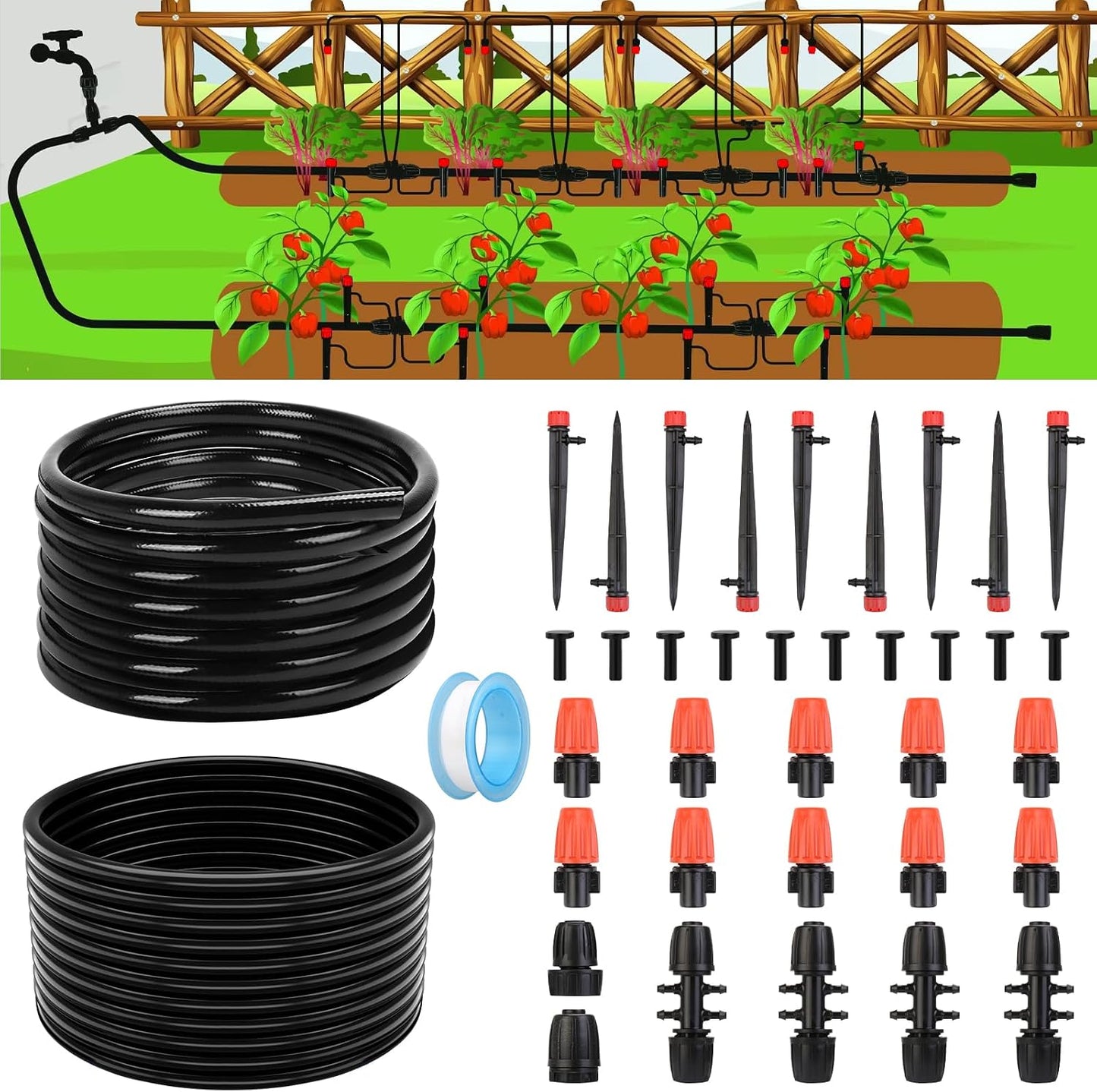 Sistema riego goteo 85pulg con tubos 1/2 y 1/4