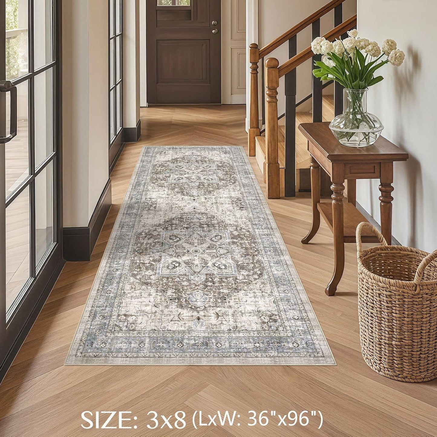 Alfombra bohemia lavable dormitorio sala 3x8ft marrón azul