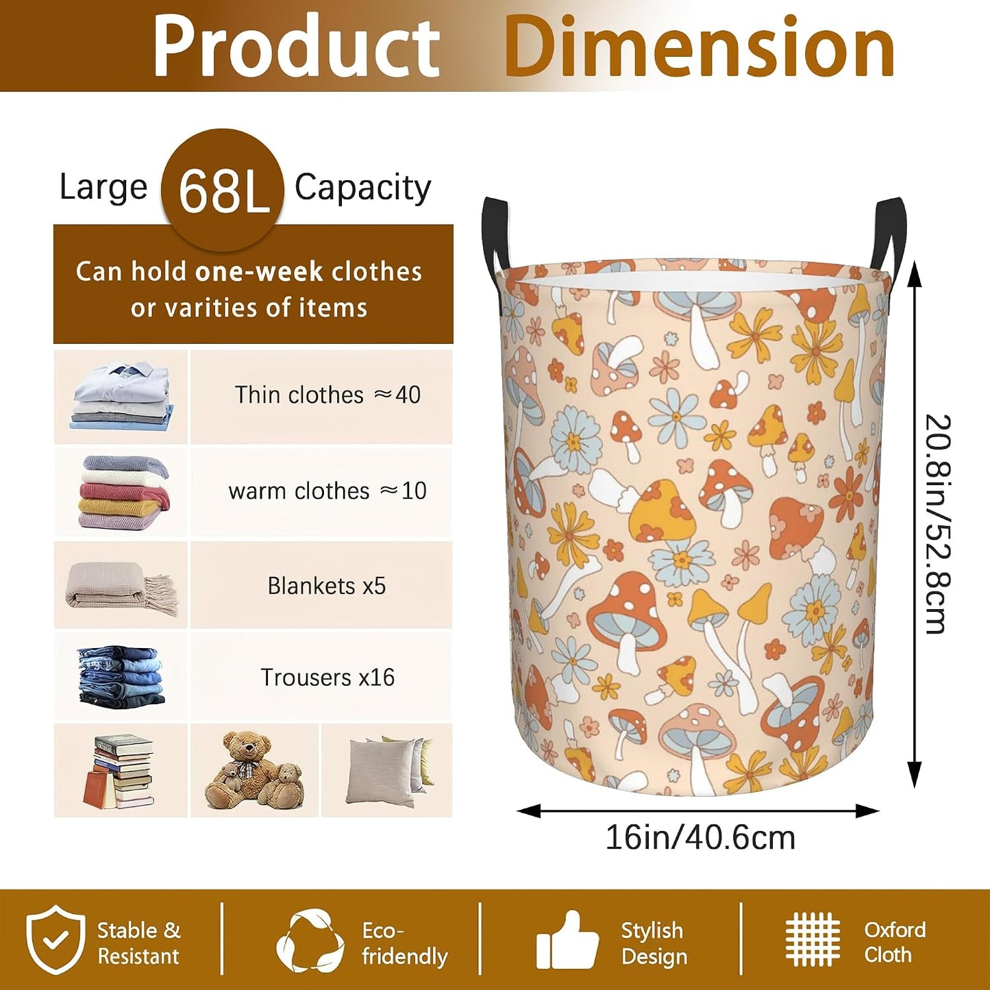 Cesta lavandería retro 60-70 con hongos impermeable plegable