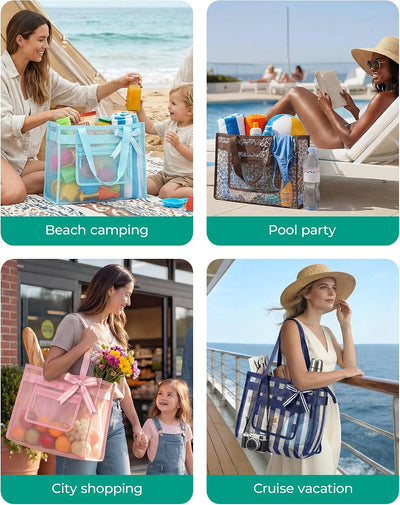 Bolsa playa malla con bolsillo cremallera para mujer 40oz