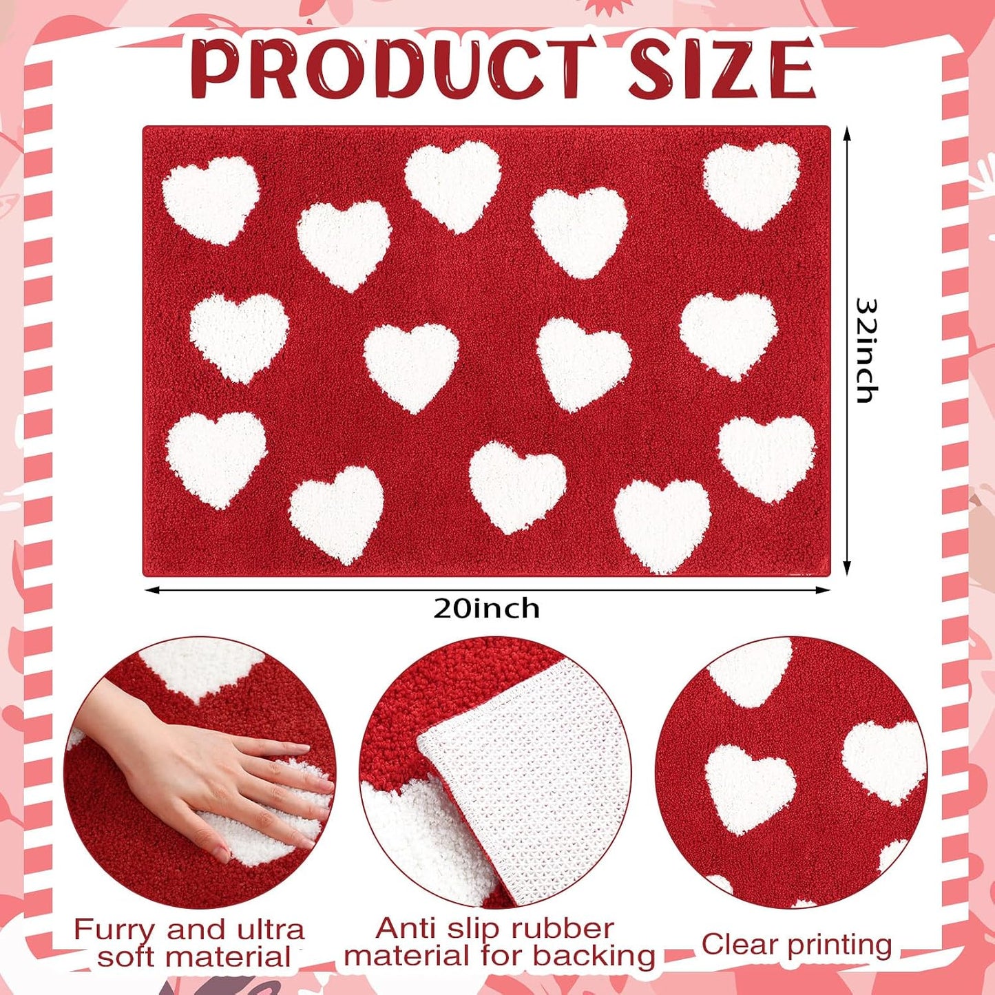 Alfombra baño corazón rojo antiderrap 20x32"