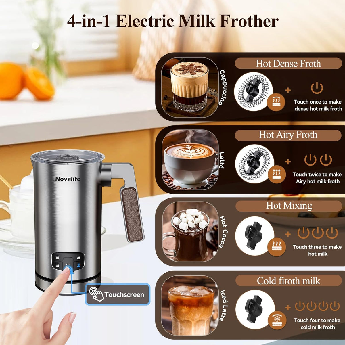 Espumador de leche Novalife 4 en 1 con vaporizador y batidores