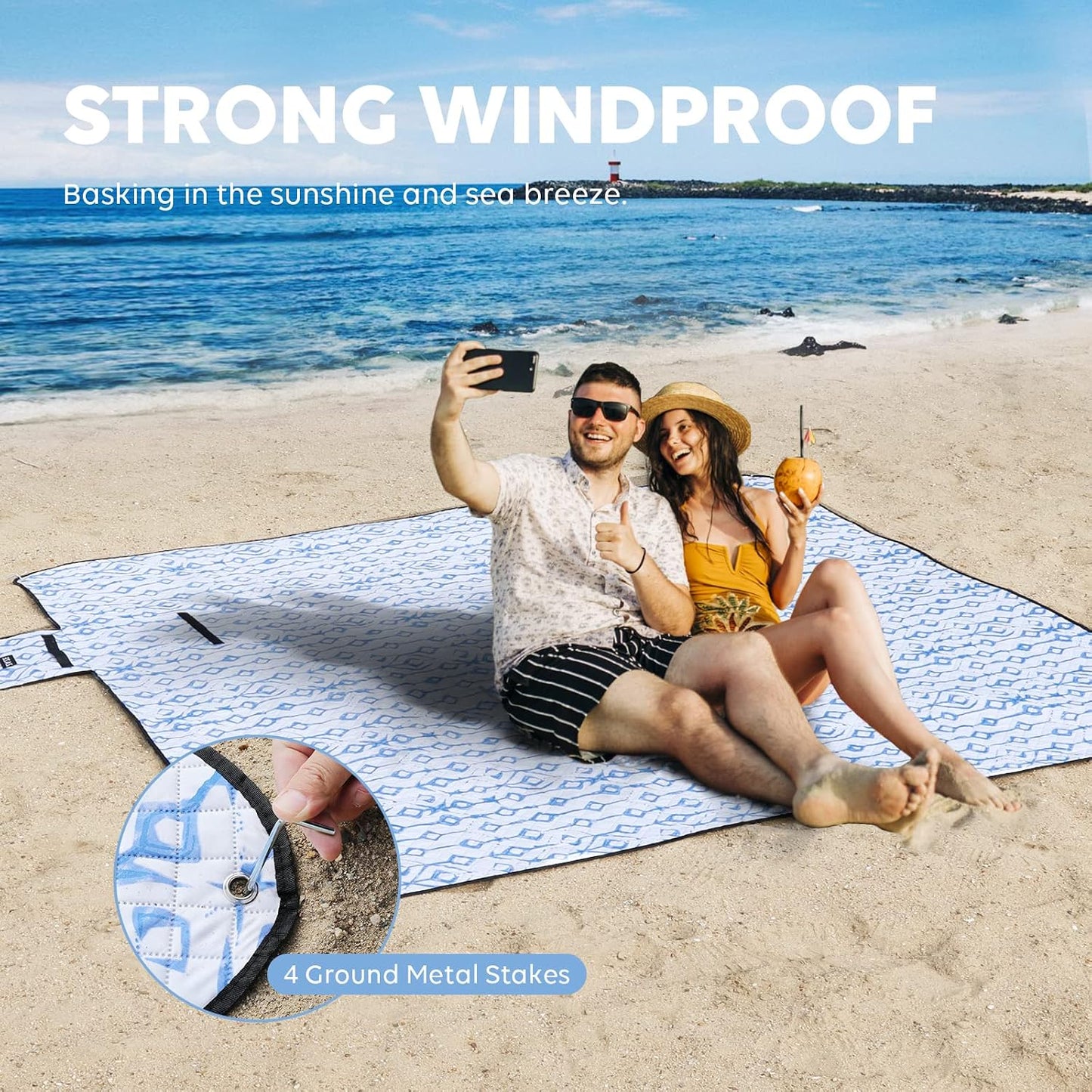 Manta playa impermeable 80x80" 3 capas azul blanco