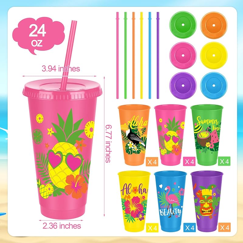 24 Vasos Plástico Hawaiano 24oz con Tapas y Pajitas