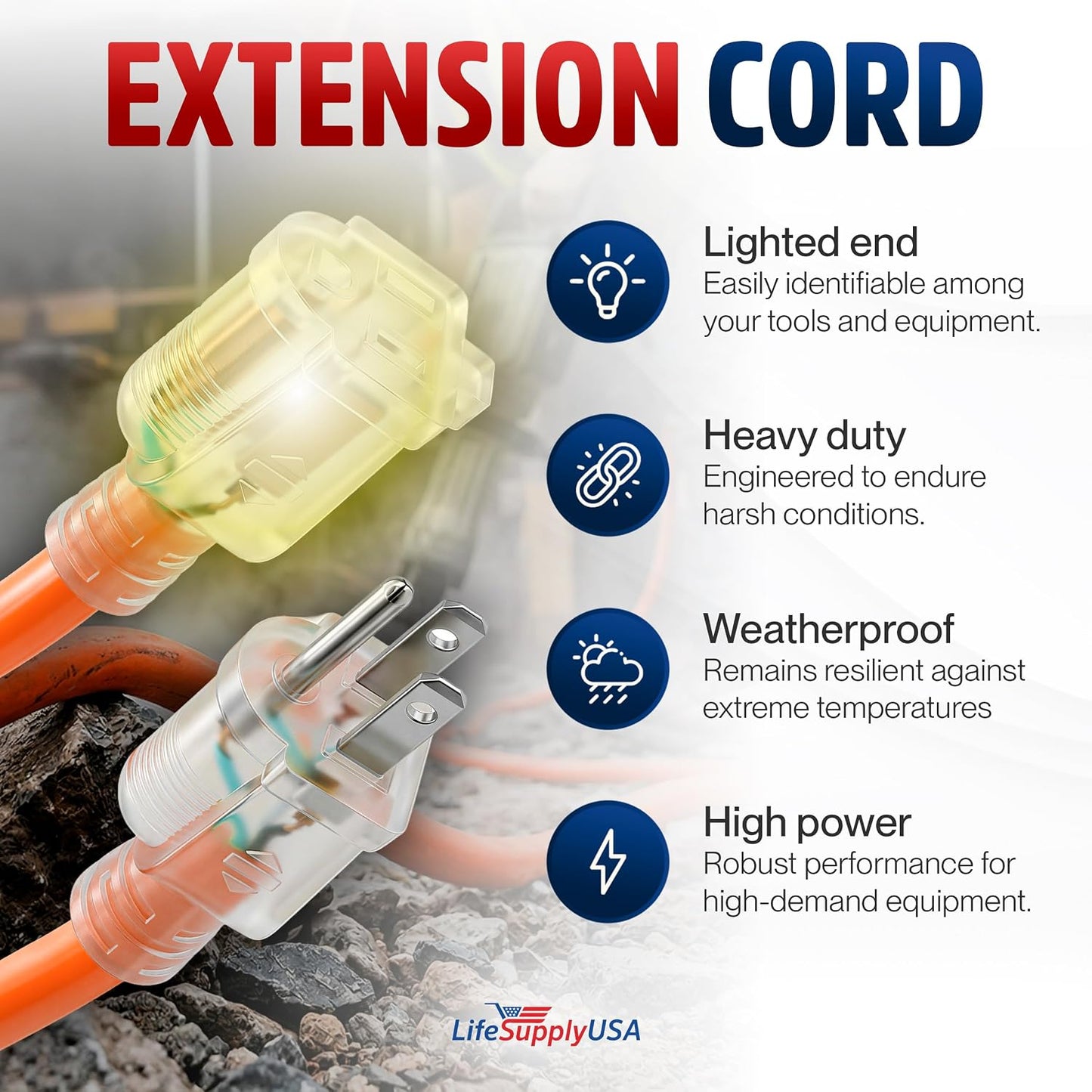 Cable extensión 50ft 16/3 SJTW impermeable ETL resistente frío