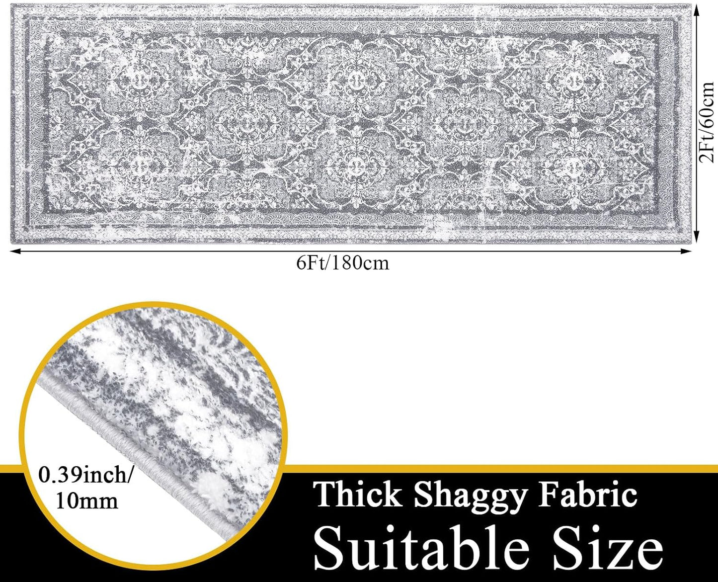 Alfombra boho antiderrap 2x6ft estilo granja gris lavable