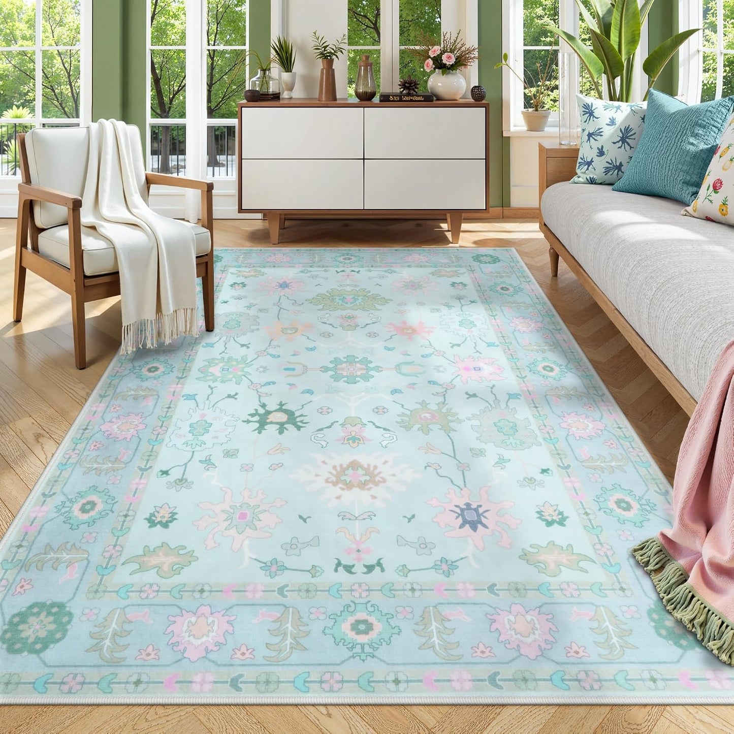 Alfombra lavable Oushak antiderrap 5x7" boho vintage
