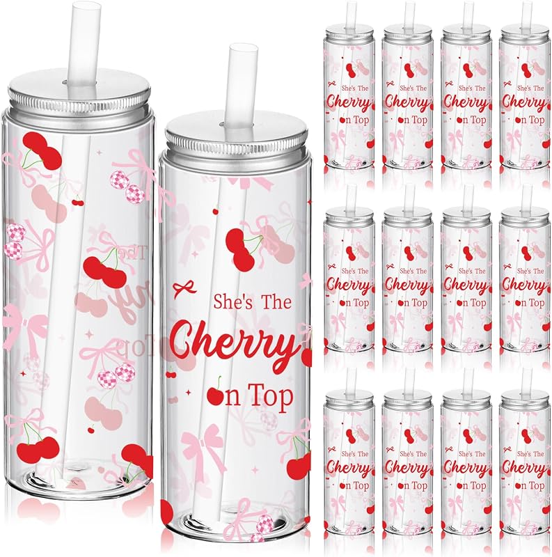 12 Vasos Plástico Lazo Cereza con Tapas y Pajitas para Fiesta
