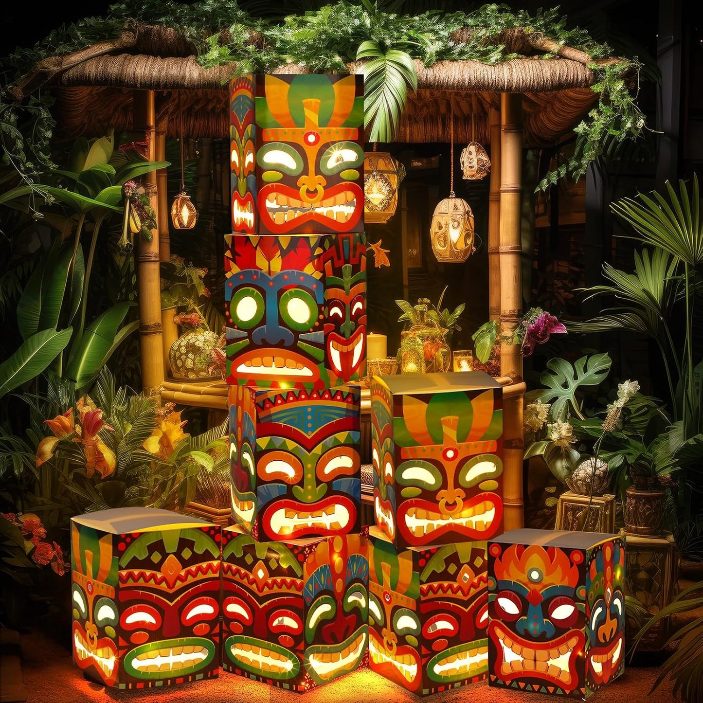 8 Pzas Cajas Tótem Tiki con Luz Decoración Luau 9.84x7.09pulg
