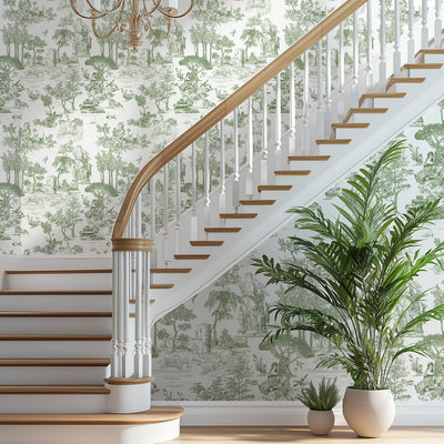 Papel tapiz Toile de Jouy 17.7x197pulg verde y blanco vintage