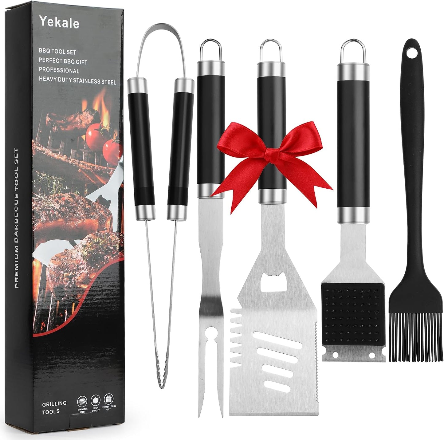 Juego accesorios parrilla espátula tenedor cepillo pinzas negro