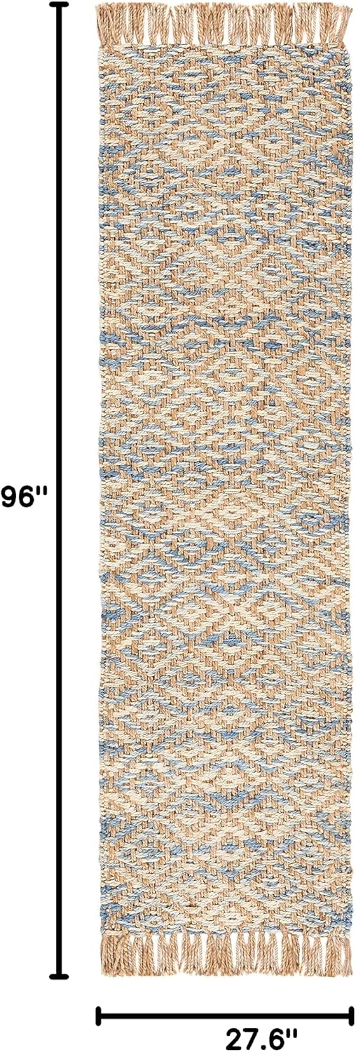 Alfombra pasillo 2ft3pulg x 8ft tejida a mano natural y azul