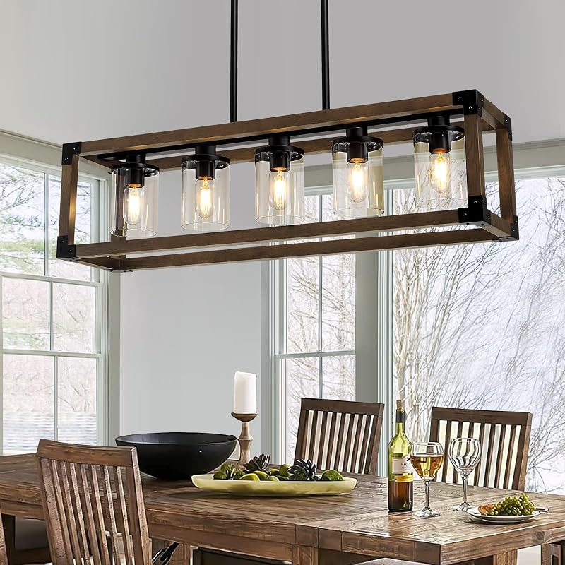 Lámpara isla cocina 5 luces candelabro negro madera rústica