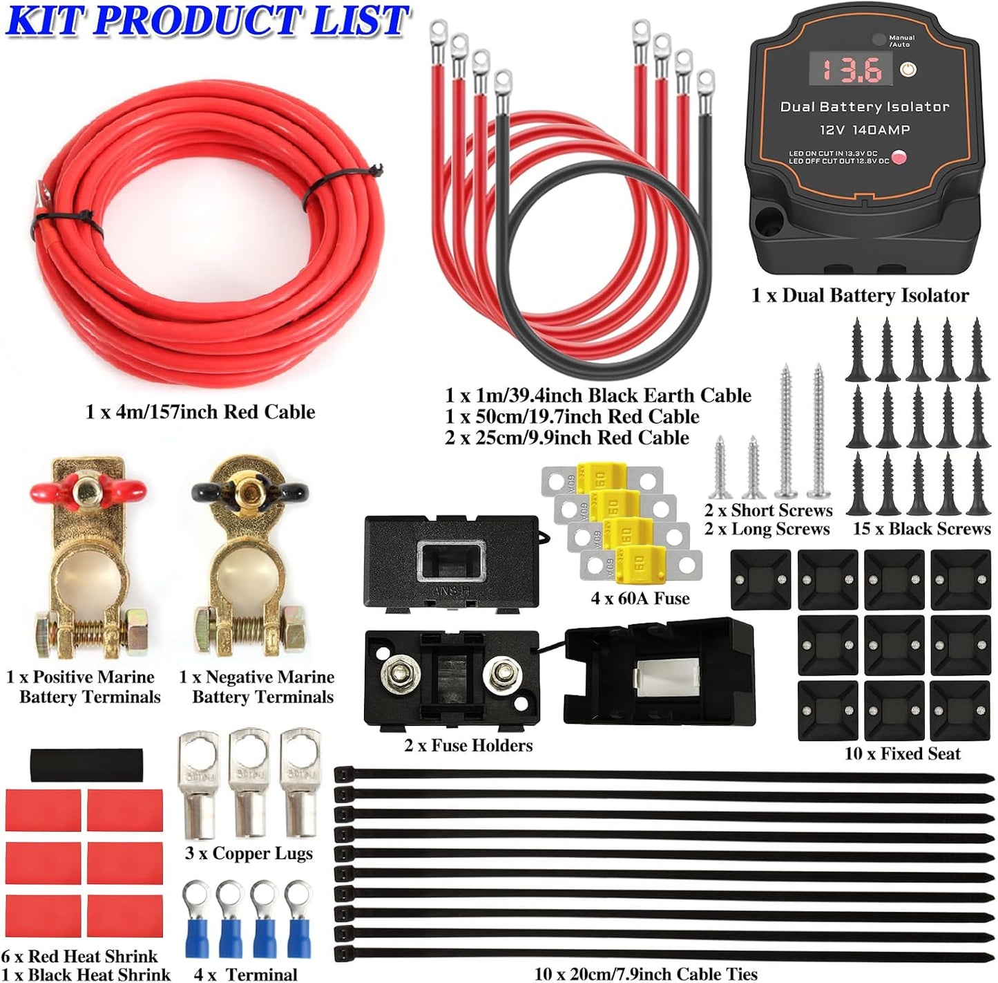 Aislador batería 12V kit cable 7AWG 16.4pies relé 140A