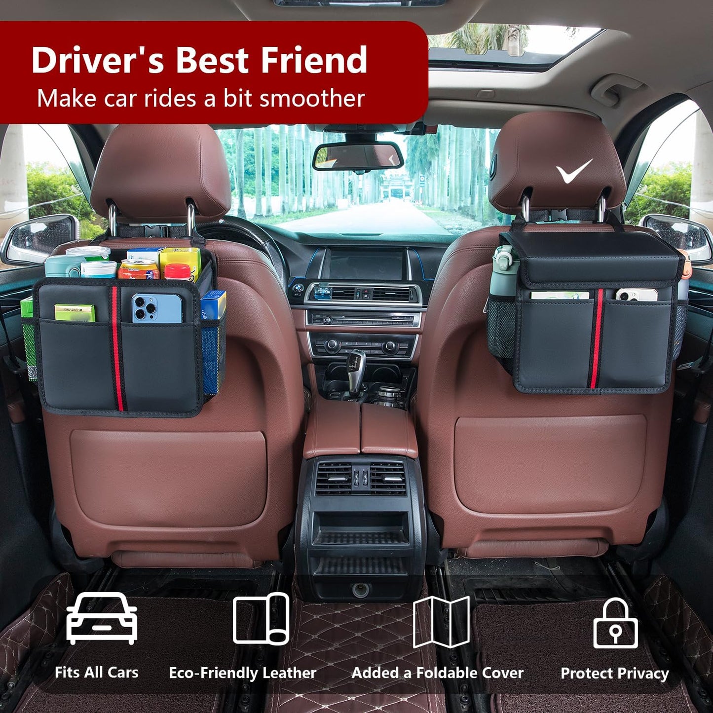 Organiz. asiento coche cuero PU para adultos y niños negro