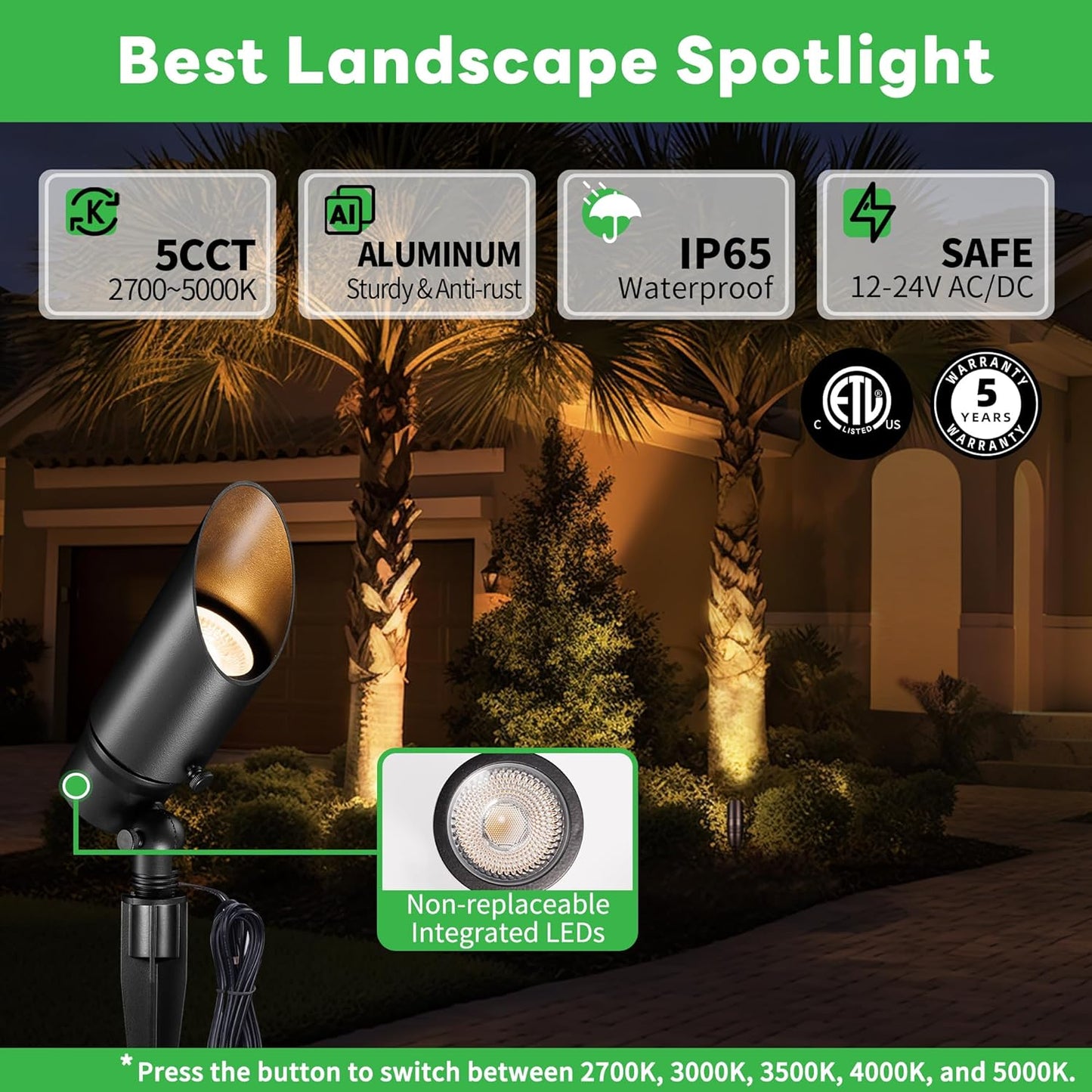 Foco paisaje LED 12V aluminio negro impermeable