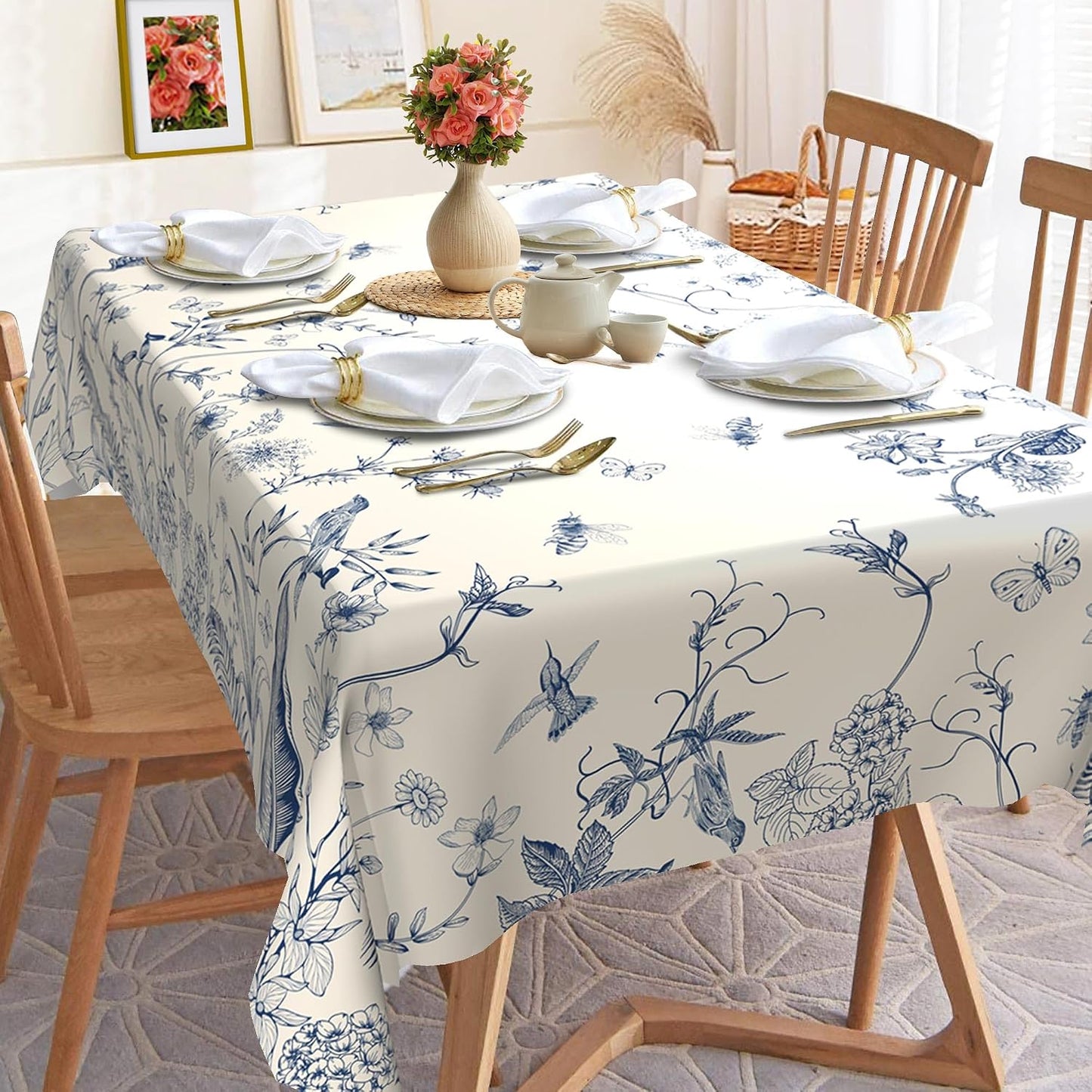 Mantel floral rectangular 60x120pulg resistente manchas azul