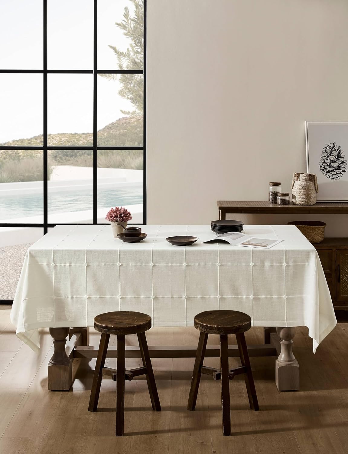 Mantel lino algodón cuadriculado 60x120pulg resistente agua