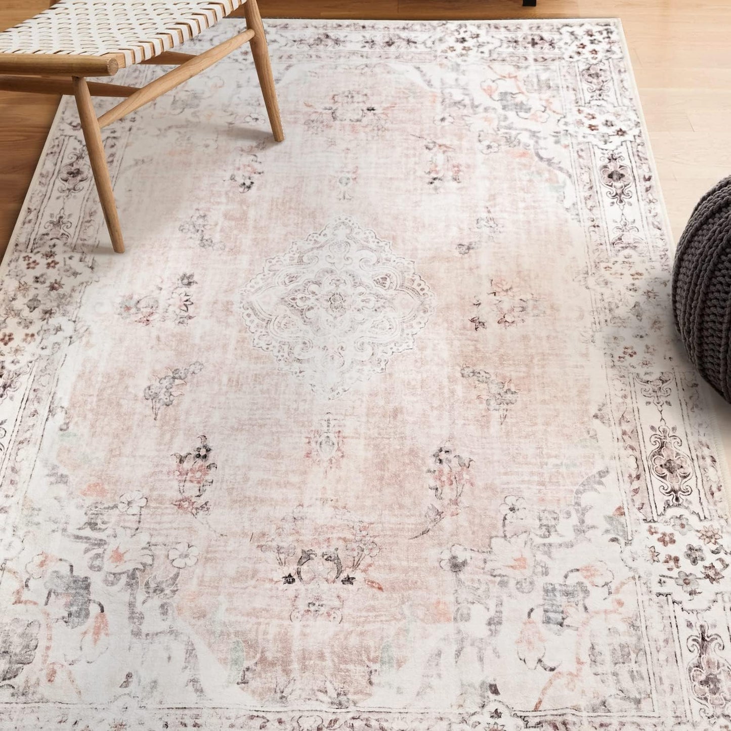 Alfombra boho 3x5pulg antiderrap rosa entrada dormitorio