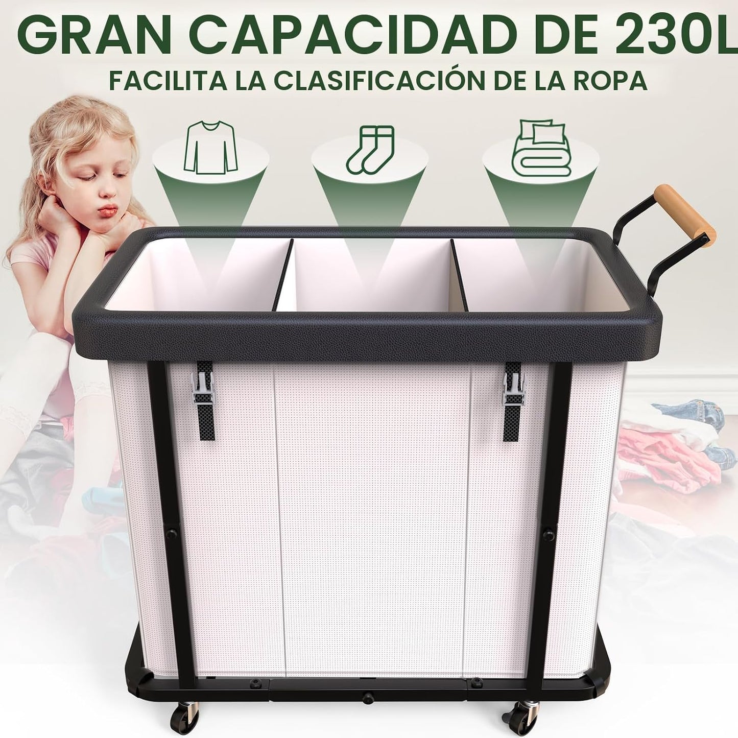 Clasificador ropa sucia 230L 3 secciones carrito lavandería
