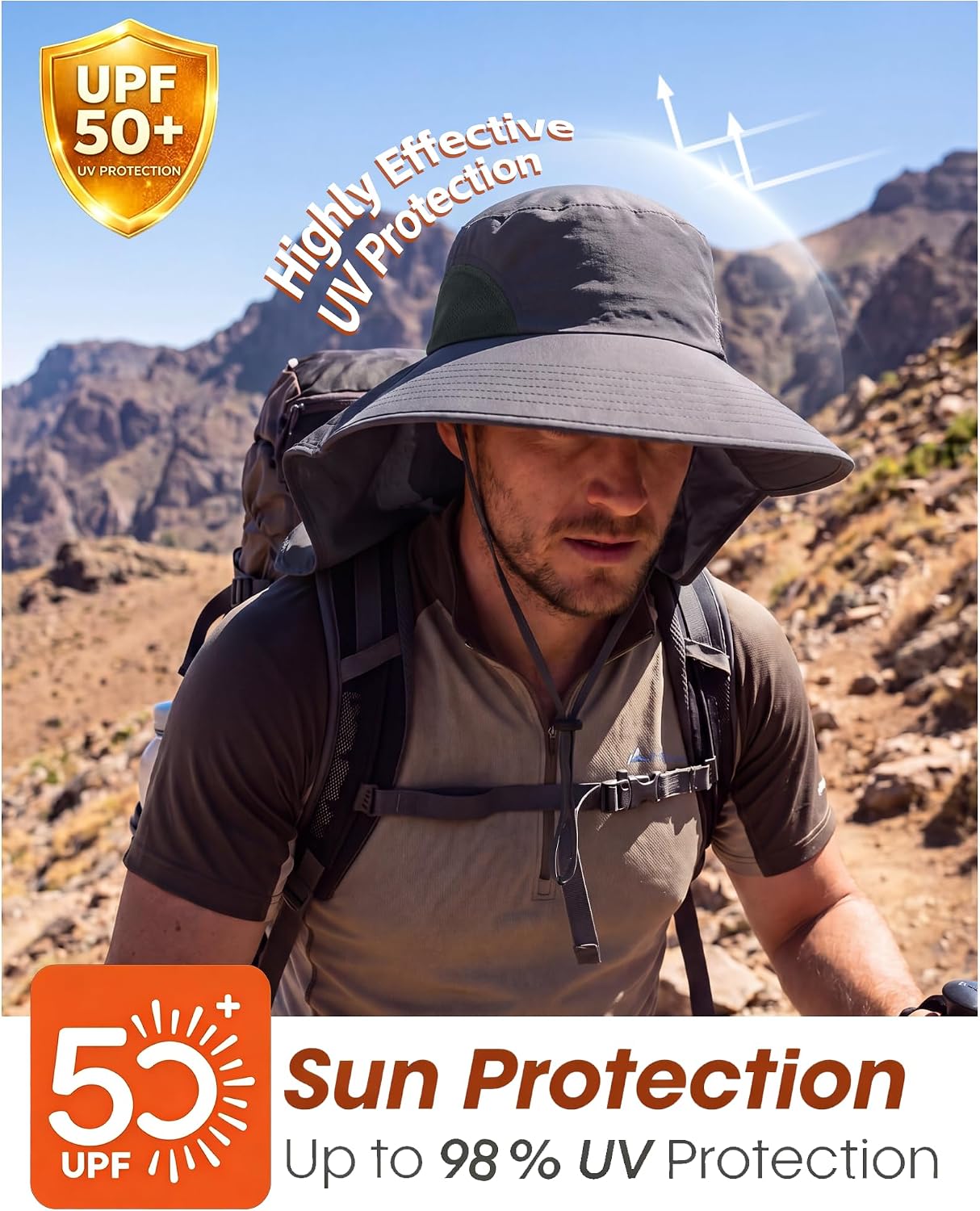 Sombrero sol UPF50 malla ala ancha con solapa cuello
