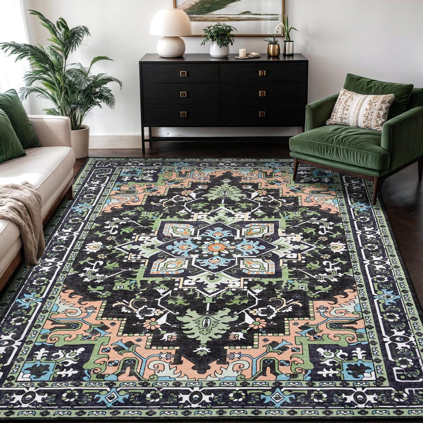Tapete vintage felpa suave 5x7ft antiderrap verde oscuro