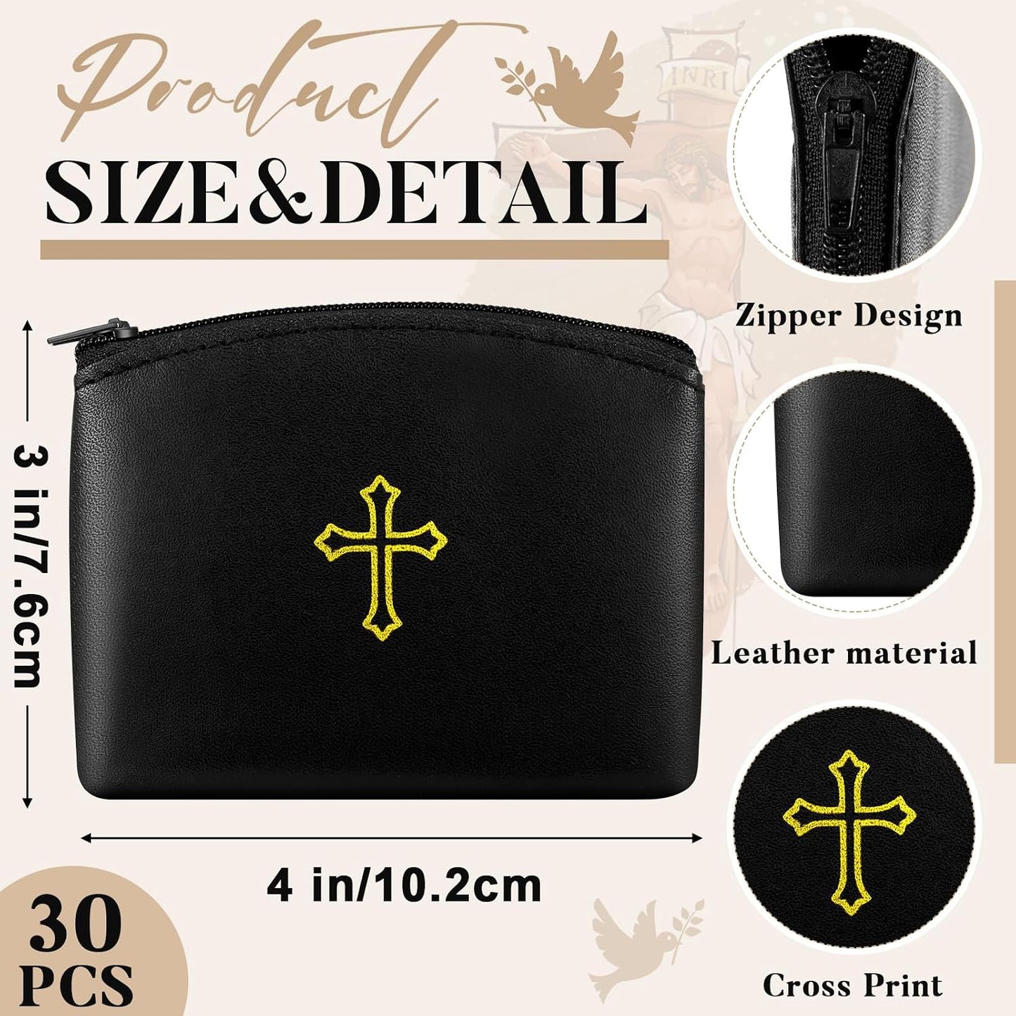 30 Bolsas Rosario Cremallera Piel Sintética Dorado Negro