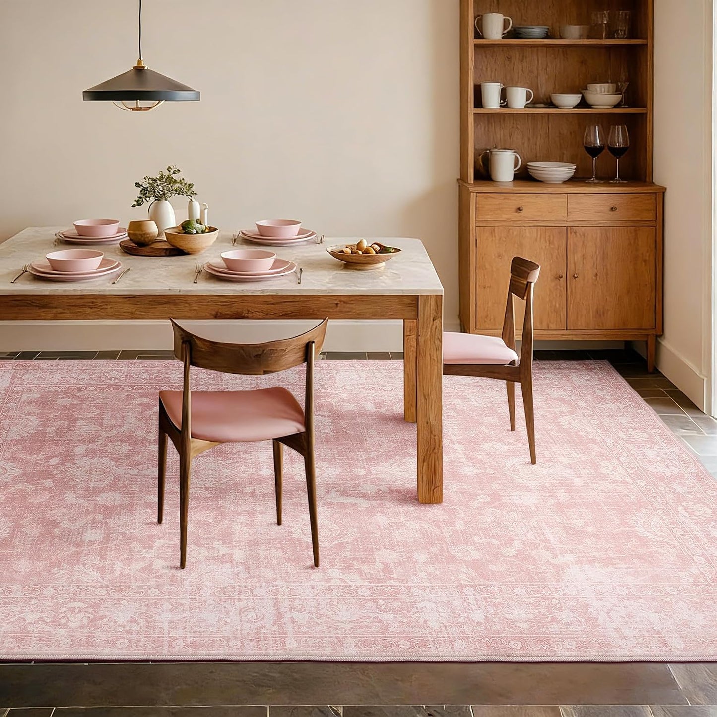 Alfombra Boho Rosa 6x9" Antiderrap para Sala Dormitorio