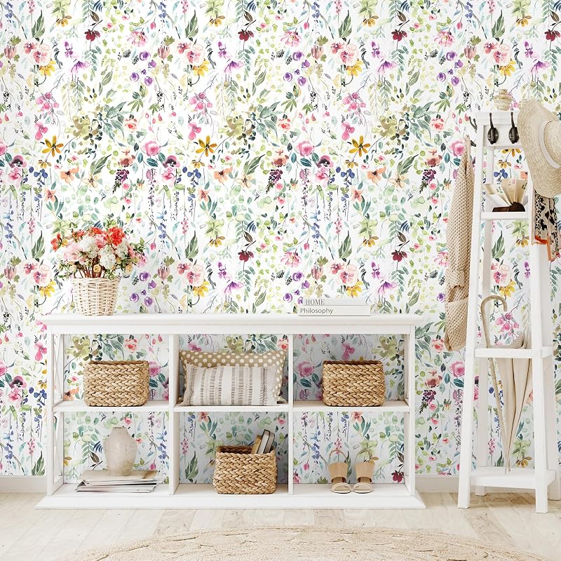 Papel tapiz floral autoadhesivo 17.7x354" dormitorio baño