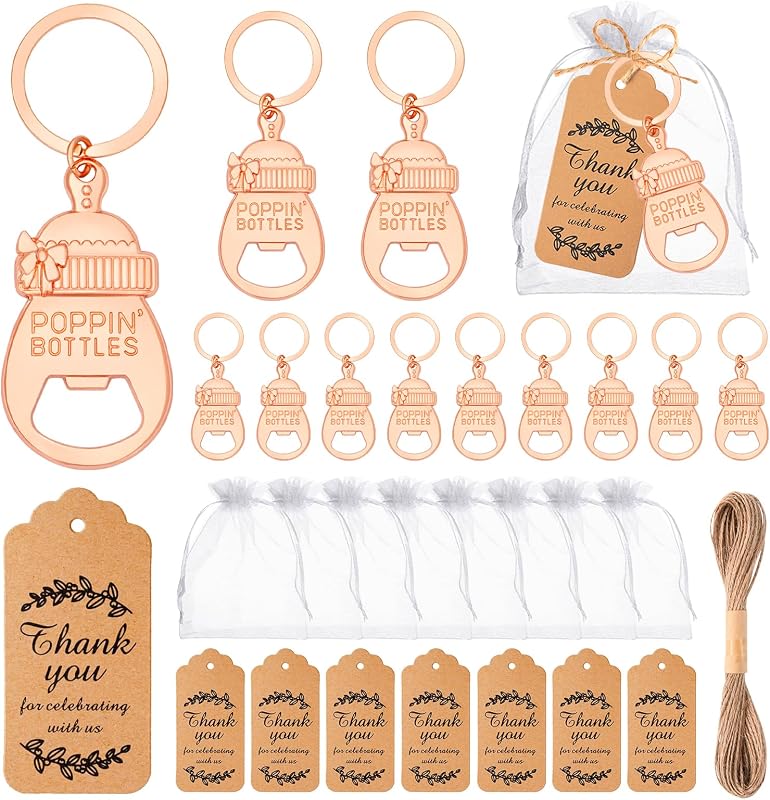 50 Abridores Botellas Oro Rosa con Bolsas Organza y Tarjetas
