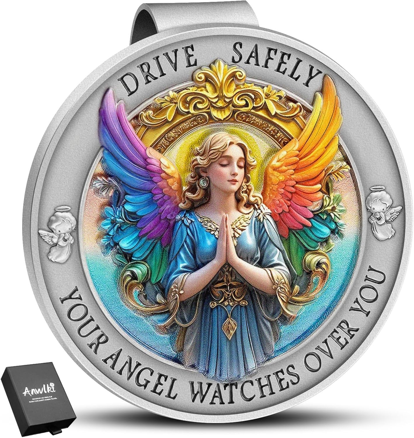 Clip visera ángel guardián relieve 3D colorido regalo conductor