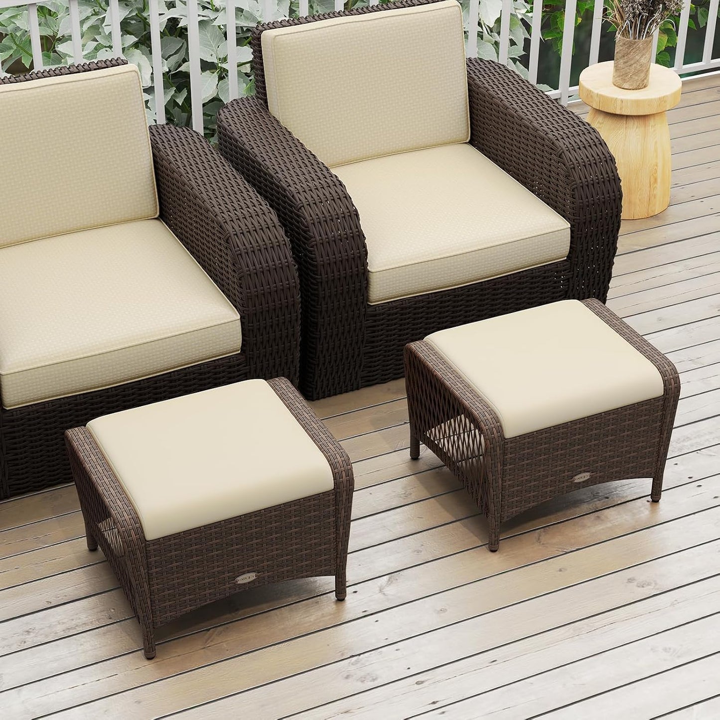 2 Otomanas Mimbre Exterior con Cojines Beige