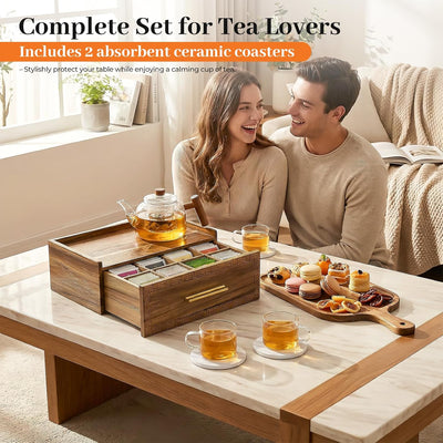 Organizador bolsas té madera acacia 8 compartimentos patrón tallado
