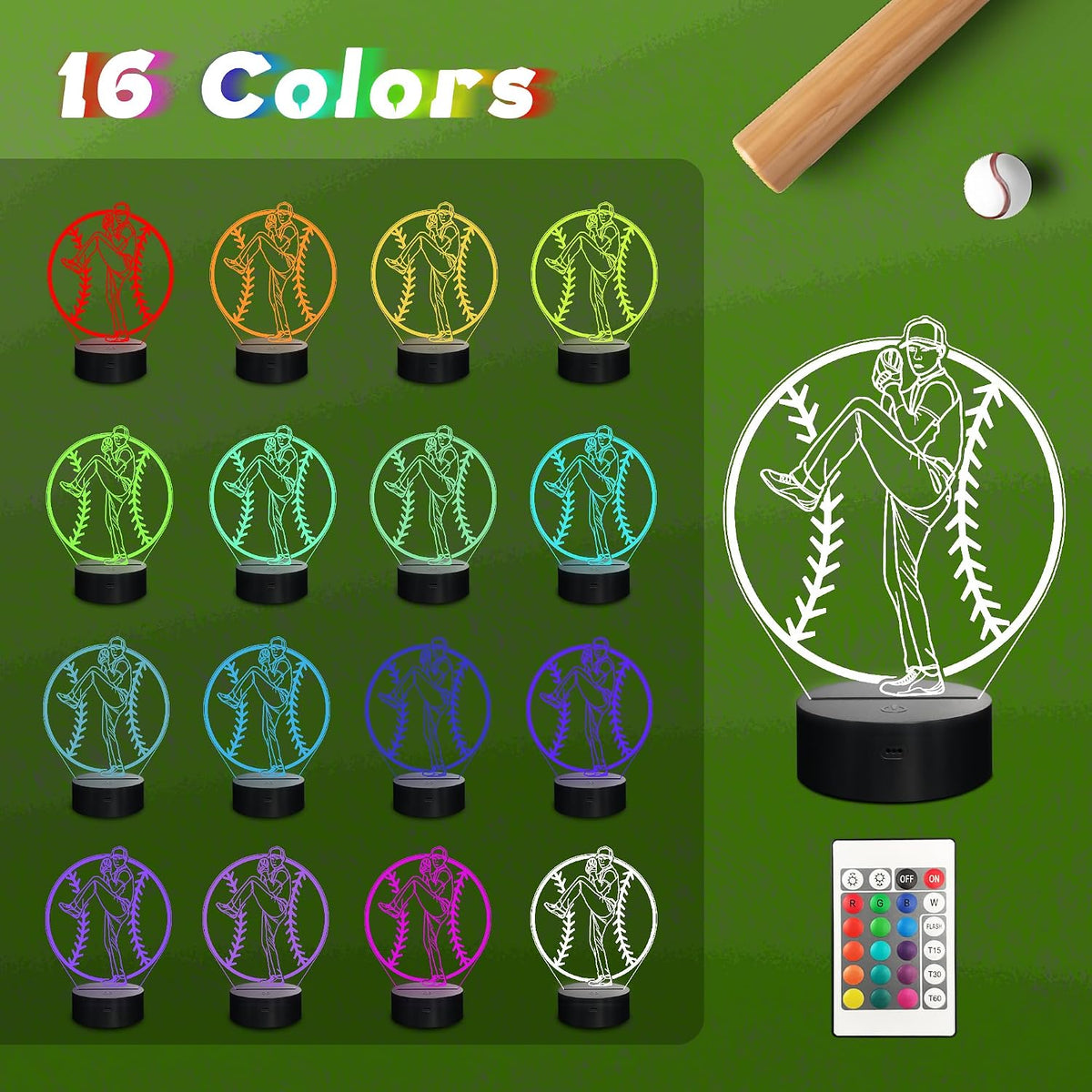 Luz Nocturna Béisbol Led 3D 16 Colores Control Remoto