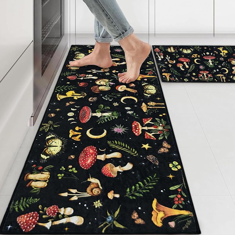 Alfombra cocina antiderrap lavable set 2 negro mariposa