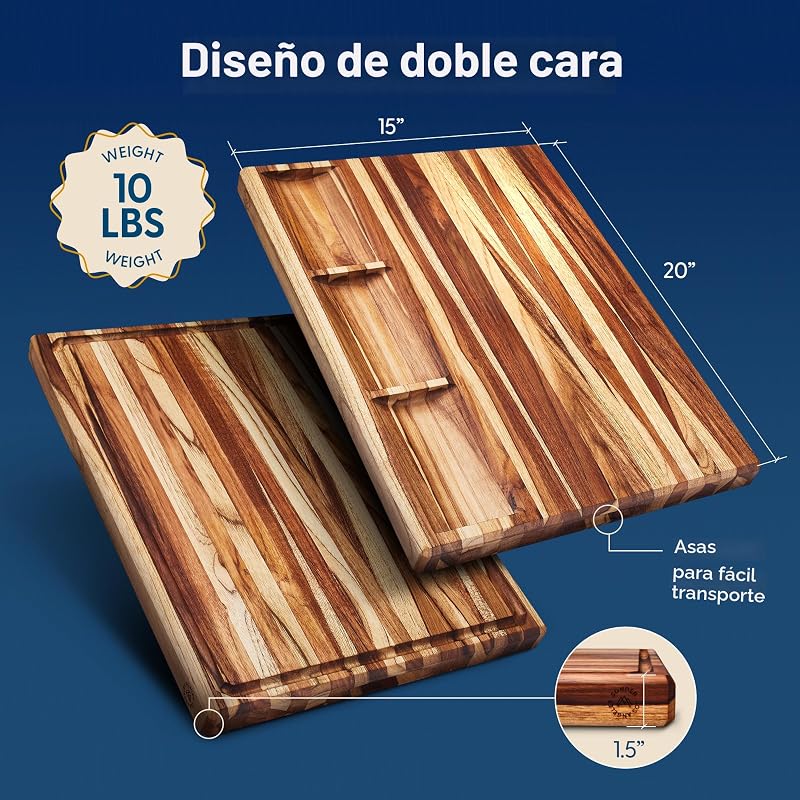 Tabla cortar madera teca reversible 20x15pulg con ranura